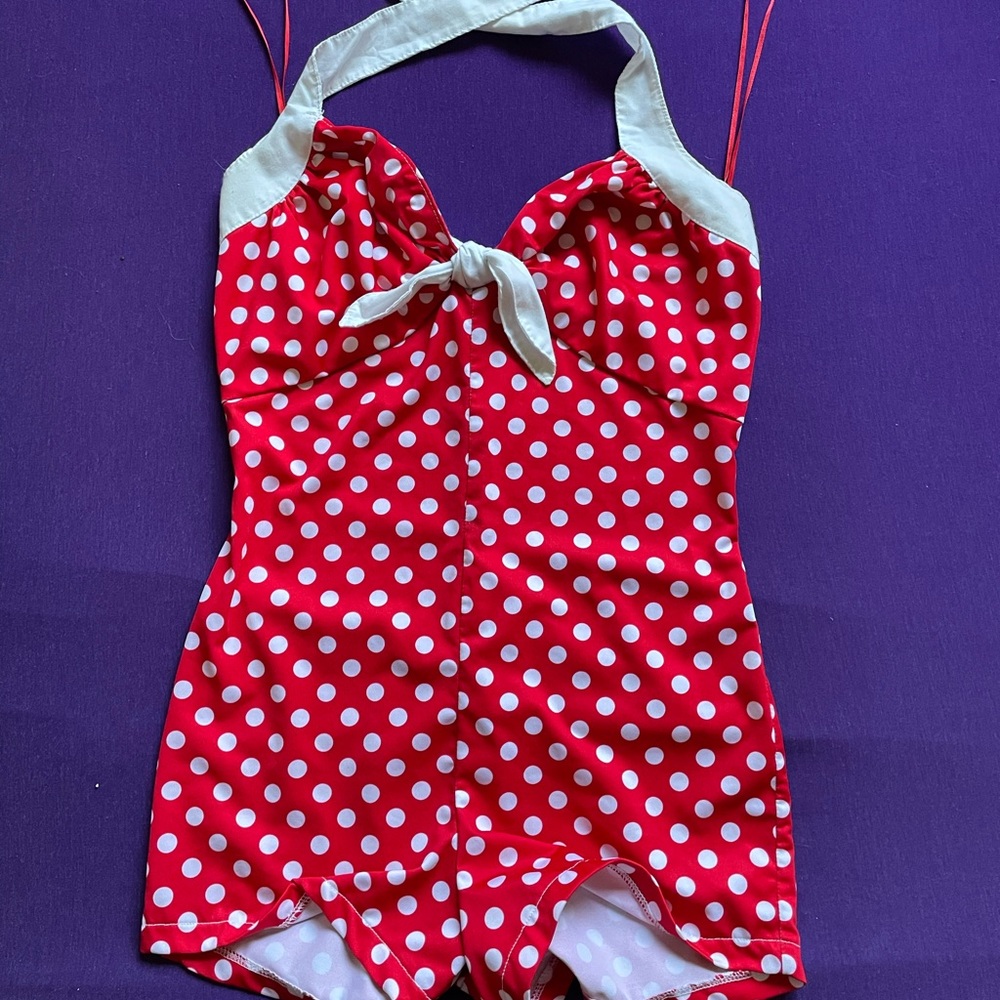 Rockabilly cute red polkadot bodysuit SMALL petite